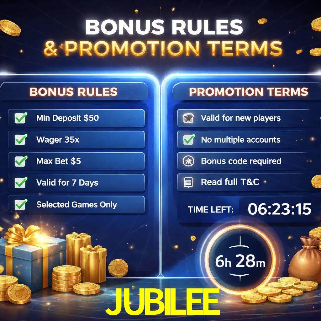 Reglas de promoción JUBILEE y condiciones de bonos explicadas visualmente