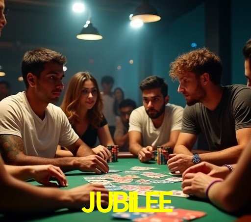 Escena dinámica inspirada en casino con iluminación JUBILEE, cartas, fichas e íconos de juegos digitales en un espacio moderno de juegos.