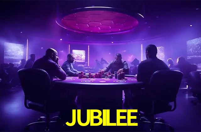 Una escena digital vívida inspirada en casino con JUBILEE mostrado prominentemente, luces brillantes, fichas, cartas y acentos dorados.