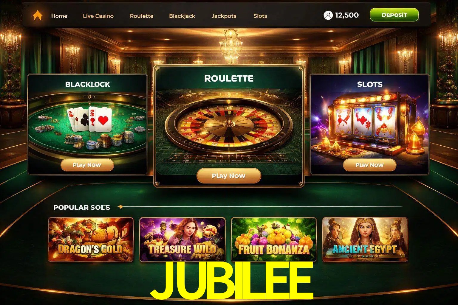 Vista de la plataforma JUBILEE Casino mostrando categorías organizadas de juegos en línea